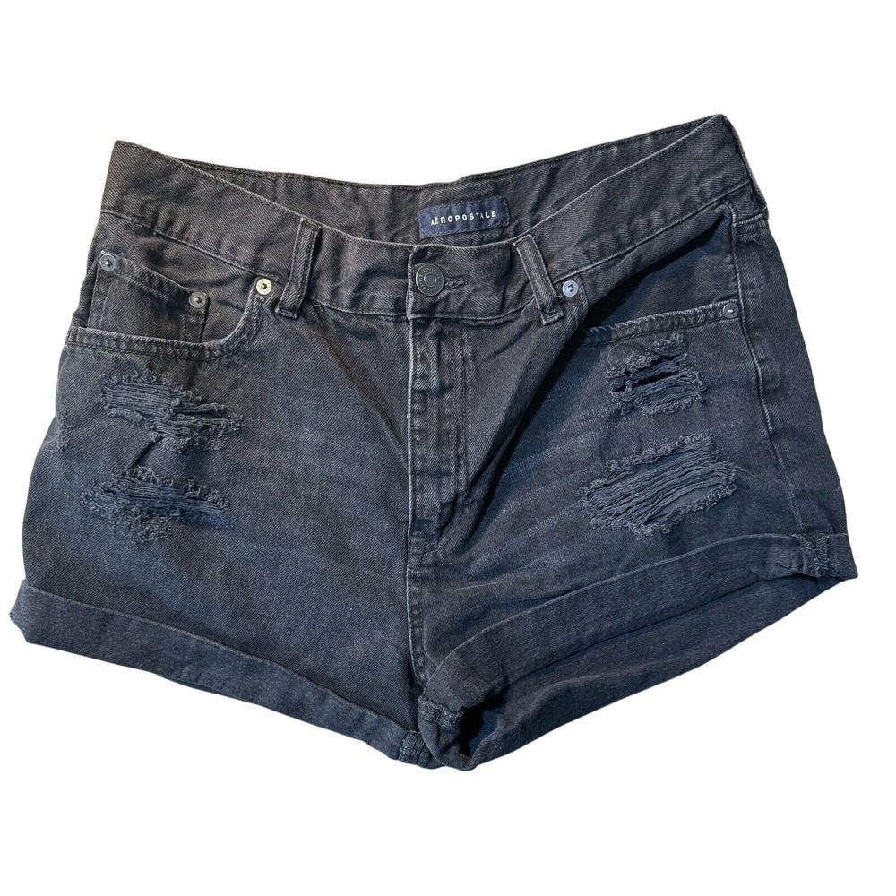 Aeropostale Womens Black‎ Distressed Mom Shorts High Waisted Cotton Size 12